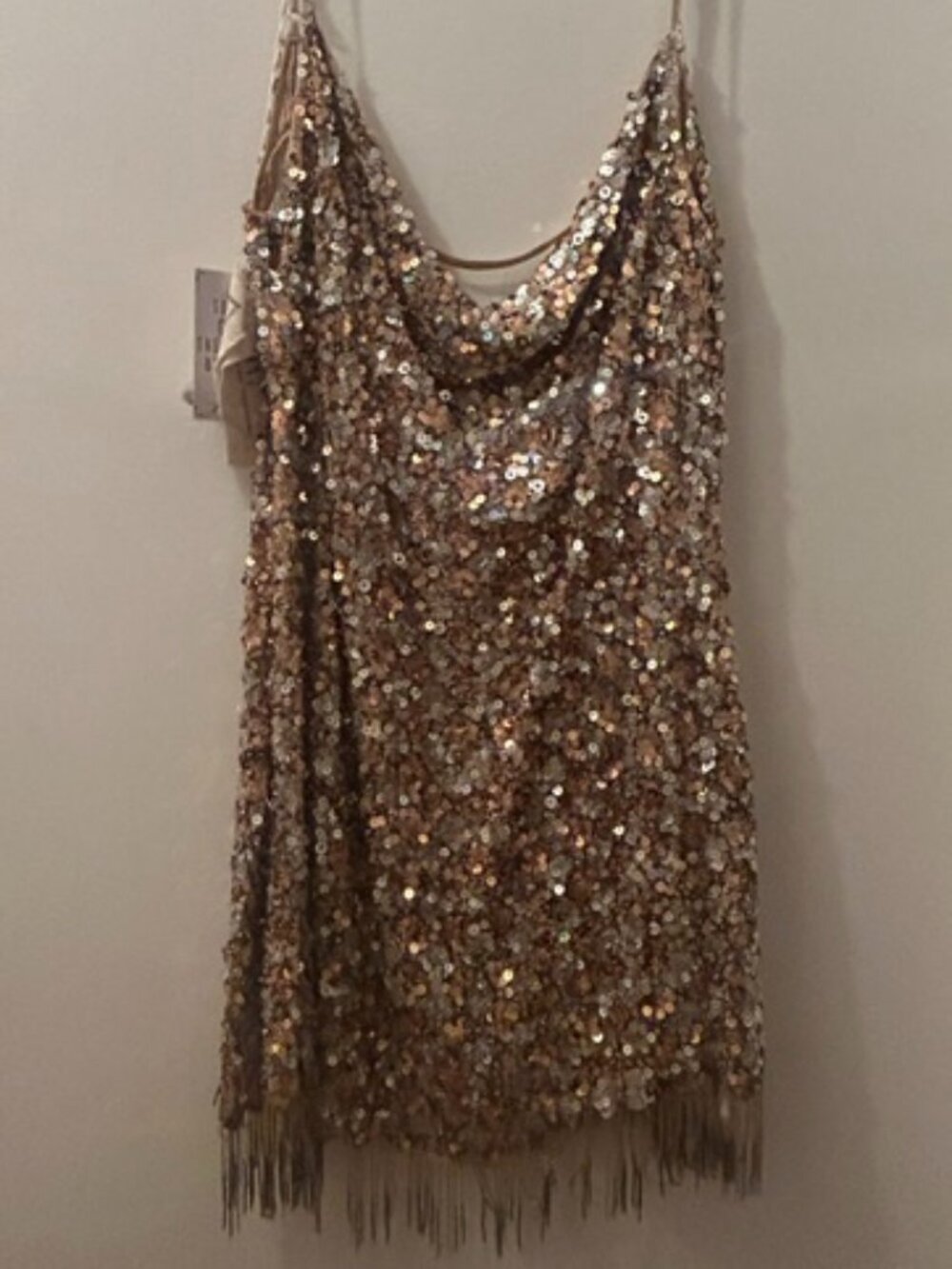 Free People Love Strong Sequin Fringe Beaded Cowl Strap Lined Mini Dress NWT